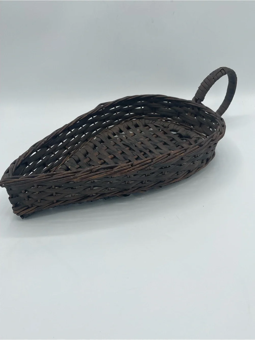 Vintage Handwoven Brown Oval Serving Tray Basket with Side Handle Signed Madeira